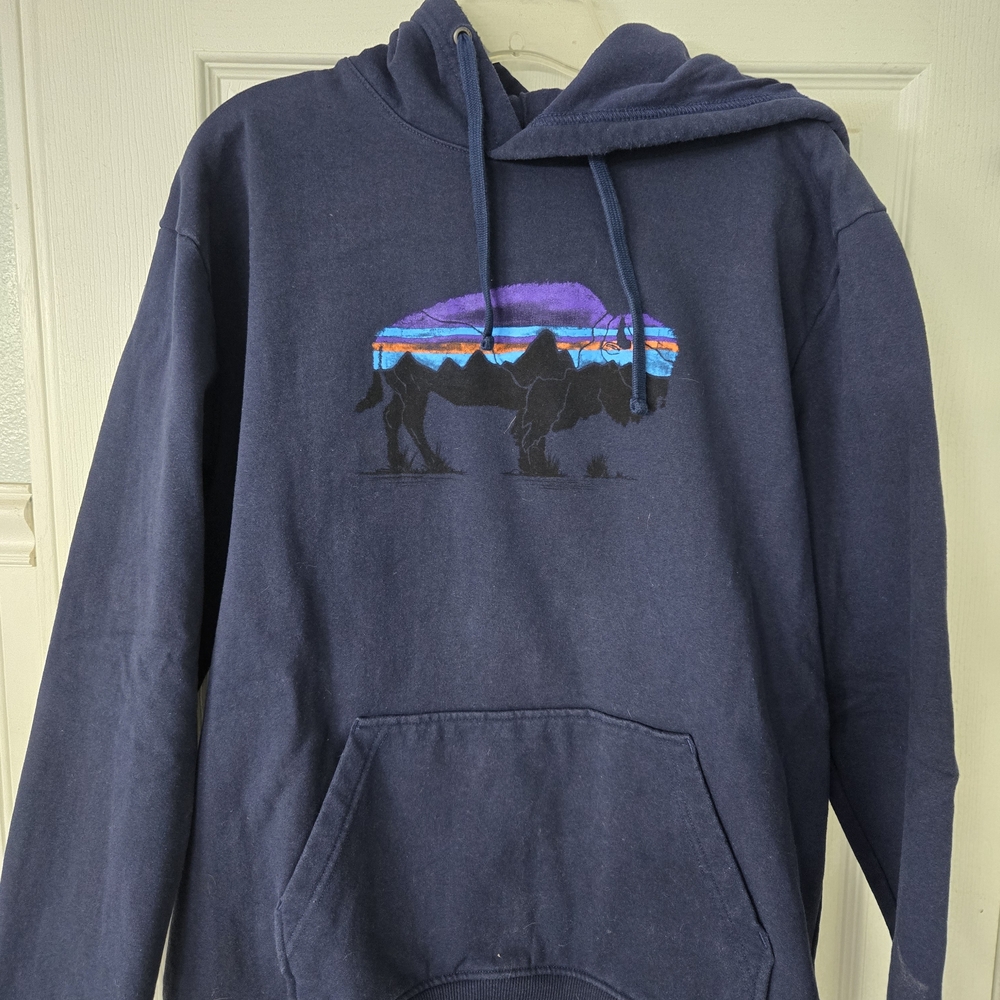 Patagonia Navy Hoodie with Buffalo Design